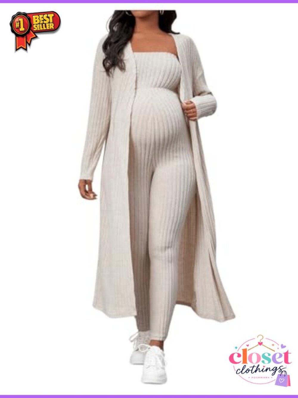 Maternity Ribbed 2 Piece Jumpsuit and Cardigan Set
